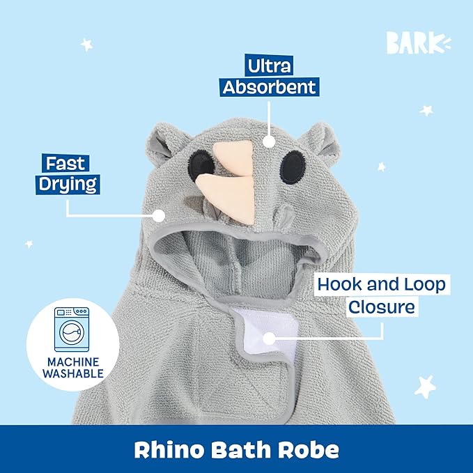 Barkbox Dog Bathrobe Fast Drying with Hook and Loop Closure & Wrap Tie Snuggle, Cute Dogs Clothes, Easy to Clean, Machine Washable, Dog Coats and Tumble Dry Low - Rhino, Large