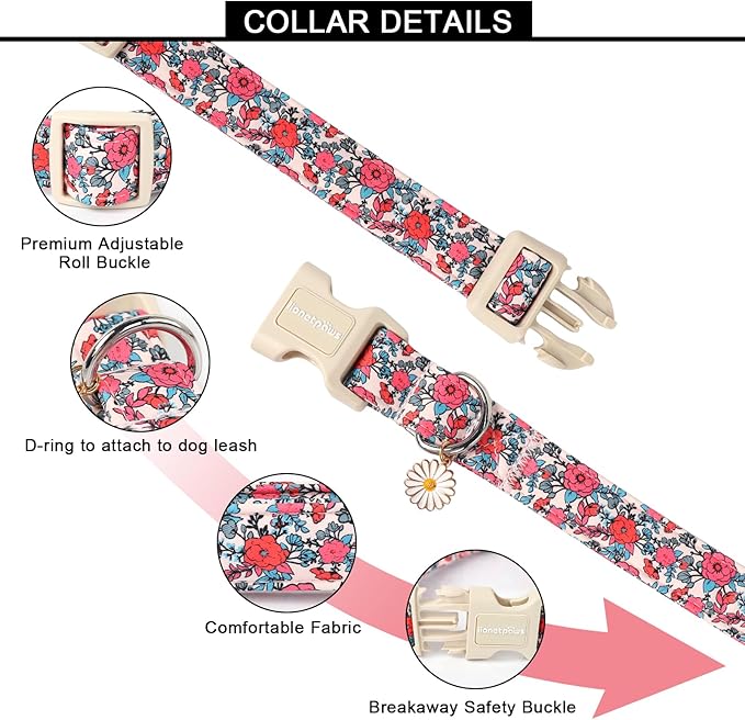Lionet Paws Floral Dog Collar- Cute Red Pink Flower Dog Collars with Plastic Buckle, Light Adjustable Dog Collars for Medium Dogs