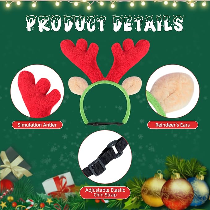 BWOGUE Dog Christmas Reindeer Elk Antlers Headband and Red-White-Green Striped Scarf Set Pet Christmas Costume Dog Costumes Accessories for Dogs and Cats