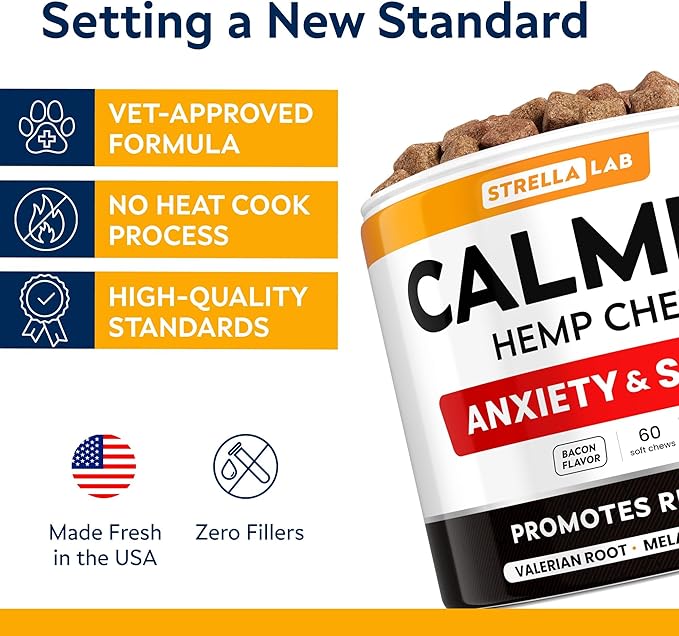 STRELLALAB Advanced Calming Chews for Dogs - Hemp Chews + Melatonin - Anxiety Relief - Sleep Aid - Relaxing Treats - Stress Relief During Fireworks, Storms, Thunder, Barking - Made in USA - BBQ - 60Ct