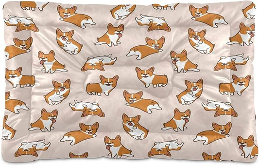 Cartoon Corgis Pattern Pet Bed for Small/Medium Dogs Cat | Pet Mat for Dog Cat Crates | Durable Polyester and Non-Slip Bottom Pet Bed, 24x36in