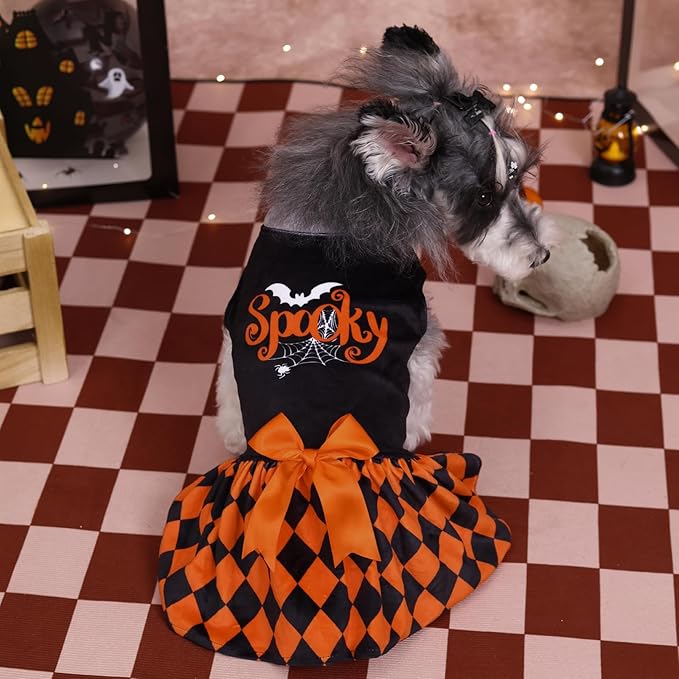 CuteBone Halloween Dog Dresses Velvet Holiday Small Dogs Clothes Onesie Pet Apparel Girl Puppy Skirt with Bow Hair Rope CVA42XS-D