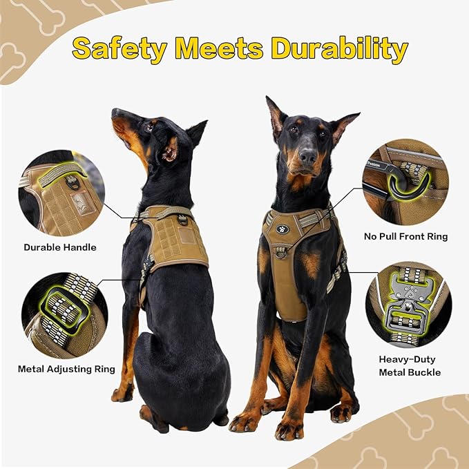 PawsPassion Tactical Dog Harness for X-Large Dogs, Chew-Proof Metal Hardware, Heavy Duty No Pull Dog Harness, Reflective Strips, Adjusting Ring, MOLLE System, Hook and Loop Panel (Sandstone, XL)
