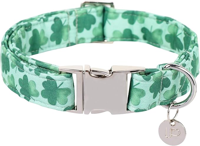 St. Patrick's Dog Collar, Cotton St. Patricks Clover Collar for Puppy Girl Boy Dog or Cat, Lucky Shamrock Dog Collar with Metal Buckle, Green, Spring, XS