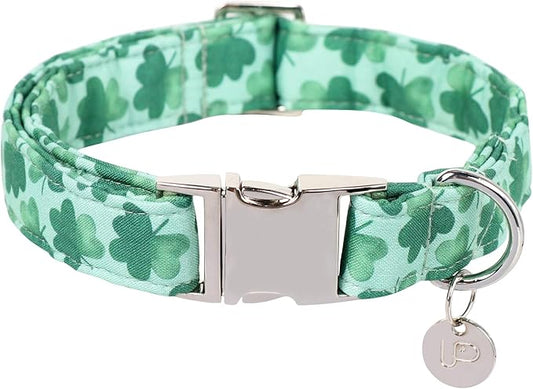 St. Patrick's Dog Collar, Cotton St. Patricks Clover Collar for Puppy Girl Boy Dog or Cat, Lucky Shamrock Dog Collar with Metal Buckle, Green, Spring, XL