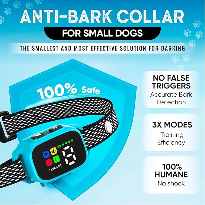 Tiny Bark Collar for Small Dogs 5-15 lbs and Puppies - No Shock Anti Barking Collar - Rechargeable Smart Collar for Dog Training with 7 Sensitivity Levels and 3 Beep&Vibration Modes (Blue)