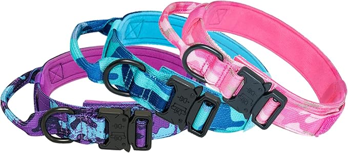 Hotsky Tactical Dog Collar, Adjustable Military Training Nylon Airtag Collar with Handle and Heavy Duty Metal Buckle for Medium Large Dogs, with Airtag Holder and Two Patches(Pink Camo,M)