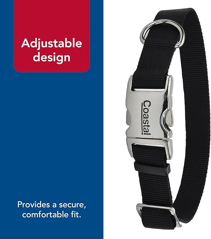 Coastal Pet Adjustable Dog Collar with Metal Buckle - Comfortable Fade-Resistant Dog Collar with Snap Lock - Perfect for Walking & Tie Outs - Black, 3/4" x 14" x 20"