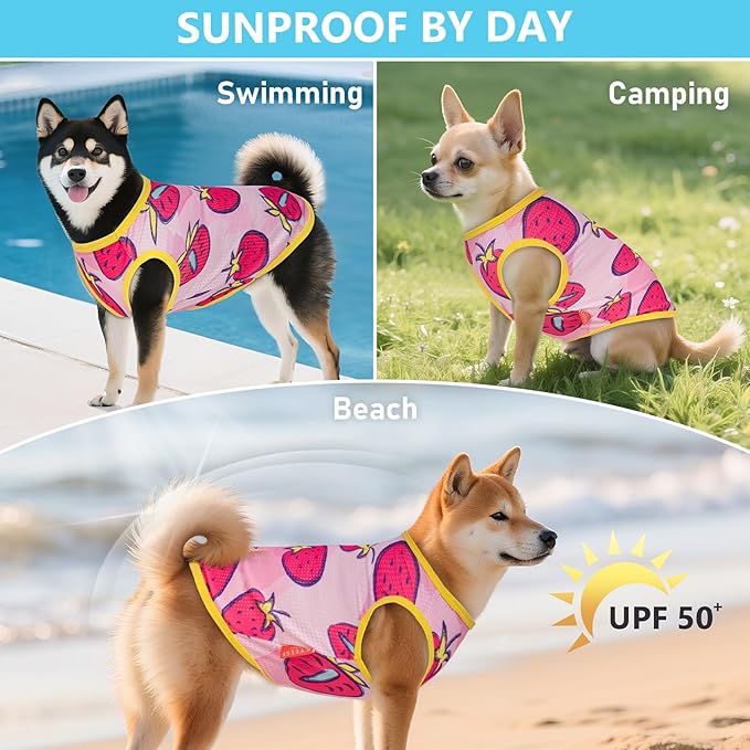 KYEESE 2 Pack Dog Shirt for Small Dogs Quick Dry Lightweight Dog T-Shirts with Reflective Label Tank Top Sleeveless Vest Cat Shirts for Summer UV Protection Strawberry Pattern, Small, Strawberry+Rose
