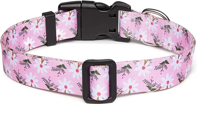 Adjustable Dog Collar with Patterns, Ultra Comfy Soft Nylon Breathable Pet Collar for Small Medium Large Dogs (S, Pink White Flower)