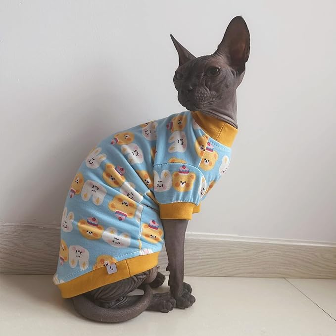 Sphynx Hairless Cat Cute Summer Cotton T-Shirts Pet Clothes,Round Collar Kitten Shirts Cats Apparel (Bear & Bunny, Large (Pack of 1))