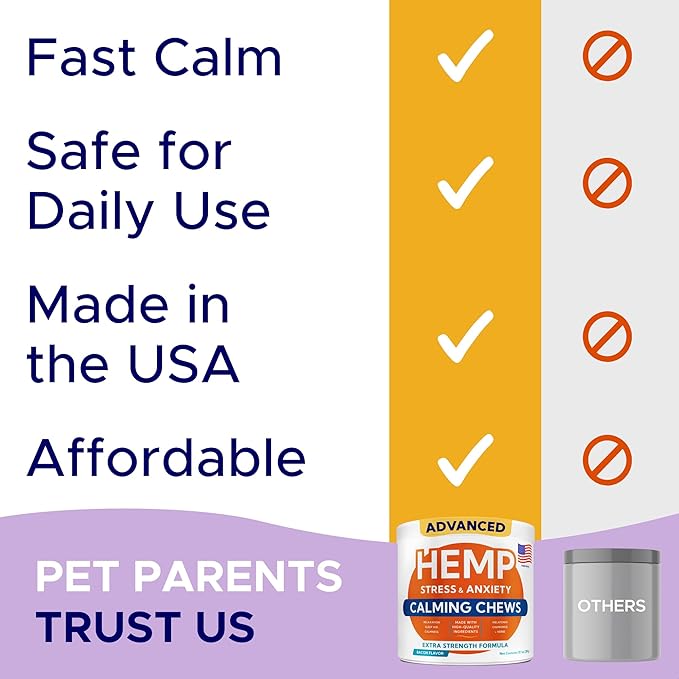 Advanced Calming Chews for Dogs - Hemp Treat + Melatonin + Valerian - Relaxing Bites - Calming Care - Anti-Anxiety & Stress Relief - Made in USA - Calm, Sleep Aid, Storms - 60Ct