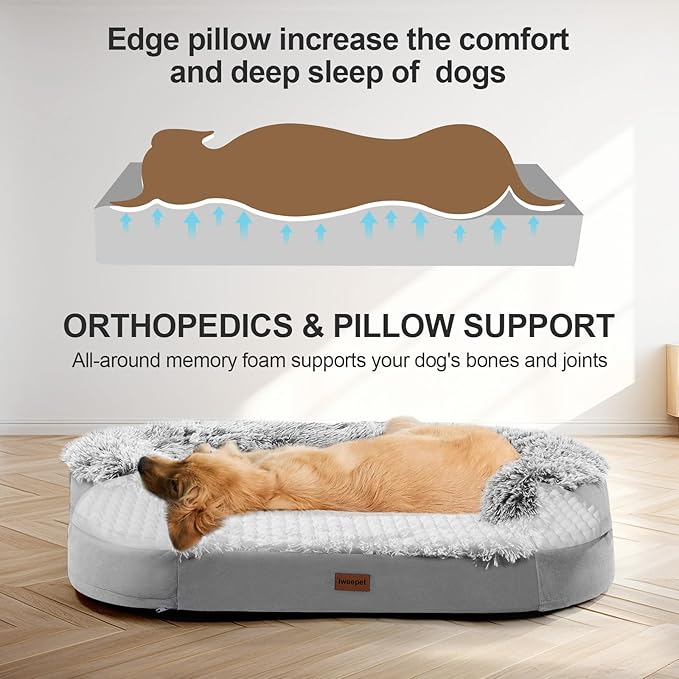 3.7 inch Thickened Orthopedic Dog Beds for Large Dogs,Supportive Dog Sofa Bed with 28D Egg-Crate Foam, Removable Washable Plush Cover, Waterproof Lining, Half-Round Design for Puppy, Senior Dog