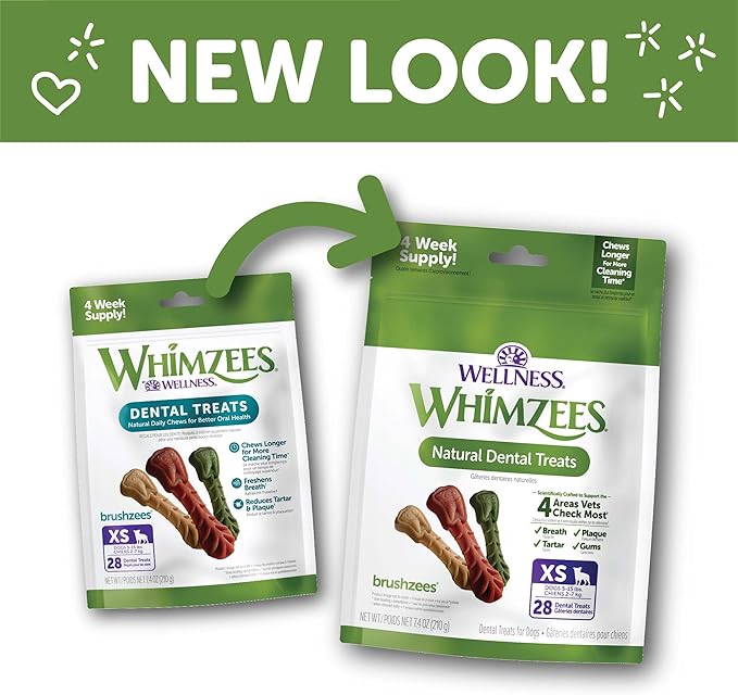 WHIMZEES Wellness Daily Brushzees Dog Dental Treats, Natural Chews, Extra Small Size Stick, (28 Count)