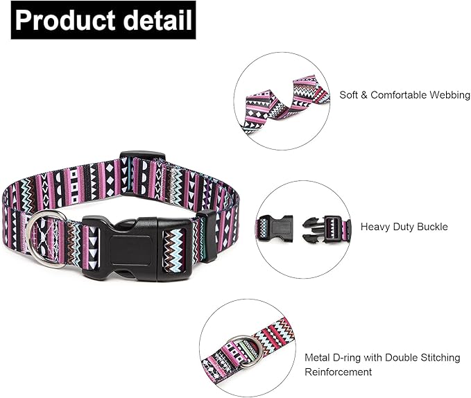 Adjustable Dog Collar with Patterns, Ultra Comfy Soft Nylon Breathable Pet Collar for Small Medium Large Dogs (M, Bohemian Purple)
