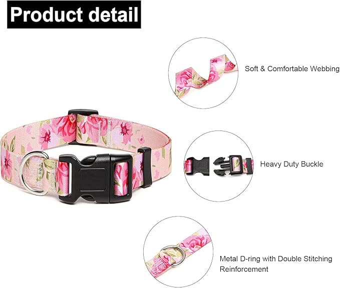 Adjustable Dog Collar with Patterns, Ultra Comfy Soft Nylon Breathable Pet Collar for Small Medium Large Dogs (L, Rose)