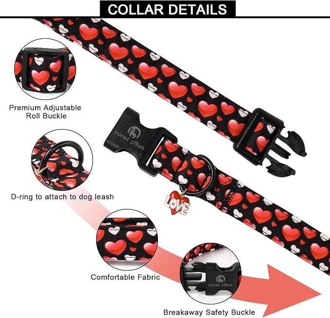 Lionet Paws Valentine's Dog Collar- Cute Sweet Pink Heart Black Dog Collars with Plastic Buckle, Light Adjustable Dog Collars for Medium Large Dogs