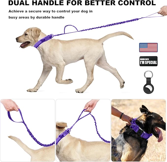 Tactical Dog Collar and Bungee Leash Set, Adjustable Military Training Nylon Dog Collar with Controll Handle and Heavy Metal Buckle,with USA American Flag, Patches and Airtags Case (Purple, XL)