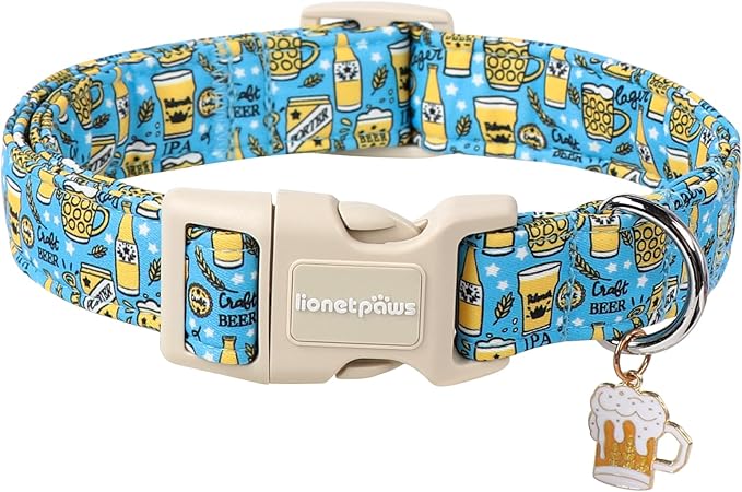 Lionet Paws Summer Dog Collar- Cute Beer Dog Collars with Plastic Buckle,Blue Yellow Light Adjustable Dog Collars for Small Dogs