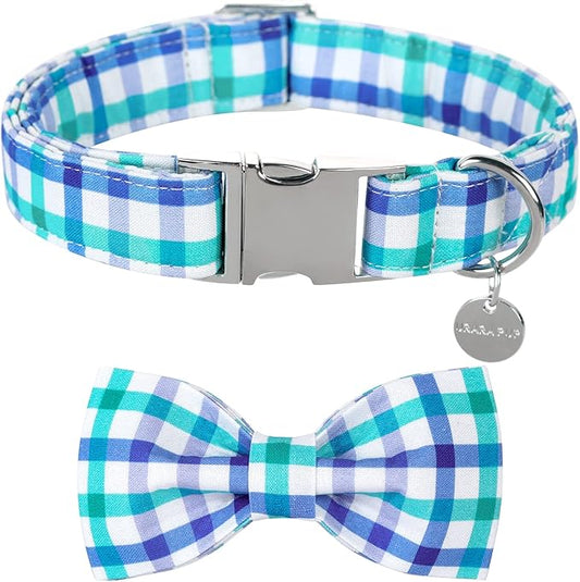 Dog Collar Bow Tie, Comfortable Durable Cotton Bowtie Collar for Large Dogs, Adorable Dog Collar with Metal Buckle, Blue Grid, L, Neck 16-24in