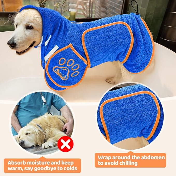 SlowTon Dog Bathrobe Towel - Super Absorbent Microfiber Pet Quick Drying Towel, Wearable Soft Bath Robes for After Bath Shower Swim Wet Walk, Adjustable for Small Middle Large Dogs (Blue, 2XL)