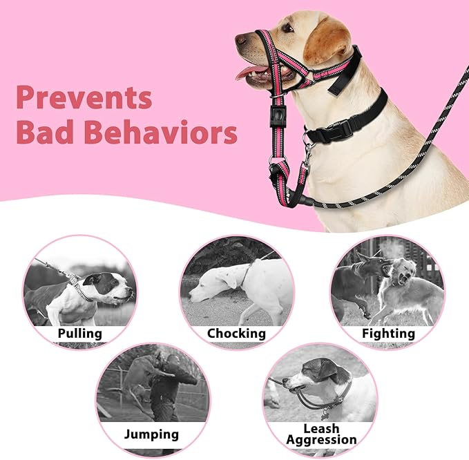 BARKLESS Soft Dog Head Collar, Patented Padded No Pull Head Halter, Training Nose Leash with Safety Link for Medium Large Dogs, Adjustable Muzzle Leash, Easy Control for Walking(Pink, M)