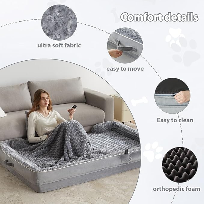WNPETHOME Human Dog Bed for People Adults, Washable Faux Fur Nap Bed Adult Oval for People, Calming Human Size Giant Dog Bed Fits Pet Families with Storage Pocket Grey