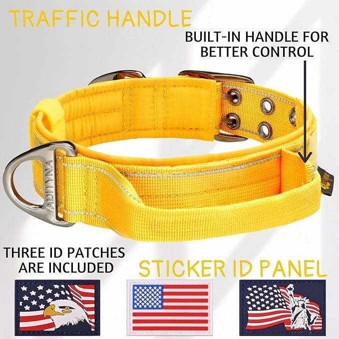 ADITYNA Heavy Duty Dog Collar for Large Dogs - Reflective Yellow Collar with Handle for Training, and Walking - Wide, Thick, Tactical, Soft Neoprene Padded