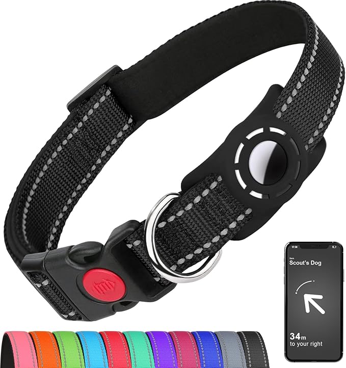 Airtag Dog Collar with AirTag Holder for Medium Dogs, Reflective, Soft Padded & Safety Locking Buckle, Nylon Pet Collars Adjustable for All Breeds, Black,M