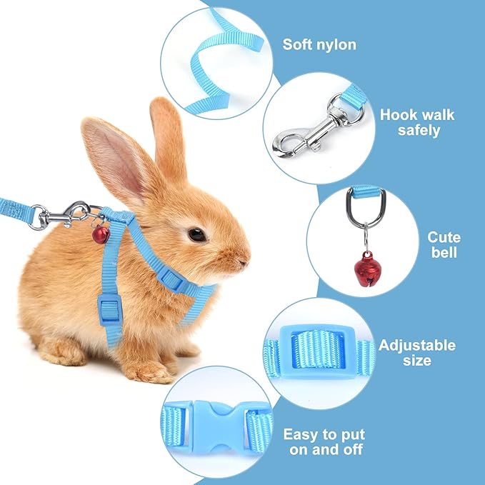 2 Pack Rabbit Harness Leash - Persuper Bunny Cat Leash Adjustable Soft Nylon Small Animal Harness Set for Walking Running Outdoor Use with Safe Bell for Puppy Dog, Pig, Kitten, Ferret, Mini Pet