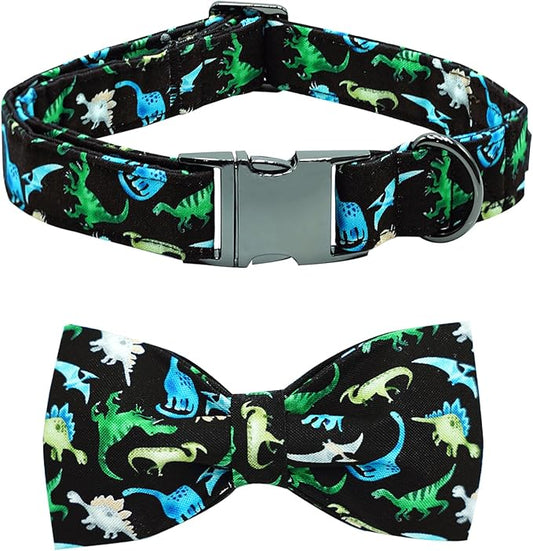 Dog Collar Dinosaur Print Pet Collar Soft Cute Dog Collar with Bow Tie Adjustable Metal Buckle Collar Gift Collar for Medium Dogs