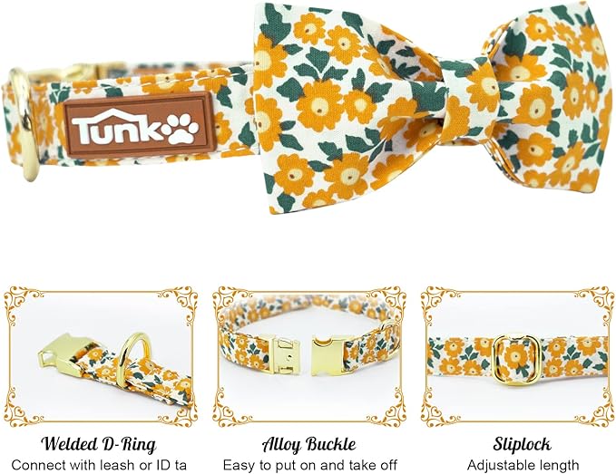 Tunkoo Dog Collar Floral with Elegant Bow Tie Soft Comfy Cotton Adjustable Collar, Premium Metal Buckle for Puppy and Cat Small Medium Large(Yellow Flowers,S)