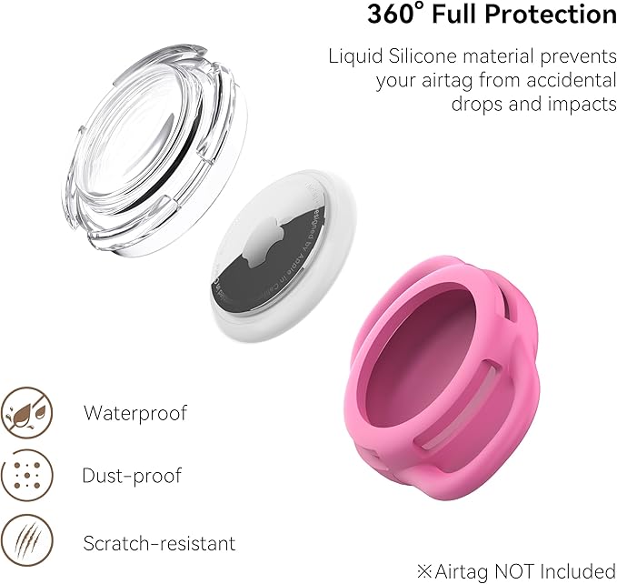 Waterproof Airtag Holder for Dog Collar, Soft Full-Body Protective Airtag Holder for Dog & Cat Collars, Ultra-Durable, Easy Installation, Lightweight Clear Airtag Case (Rose, Small)