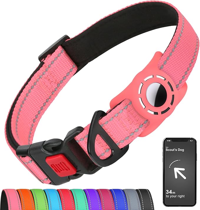 Airtag Dog Collar with AirTag Holder for Large Dogs, Reflective, Soft Padded & Safety Locking Buckle, Nylon Pet Collars Adjustable for All Breeds, Pink,L