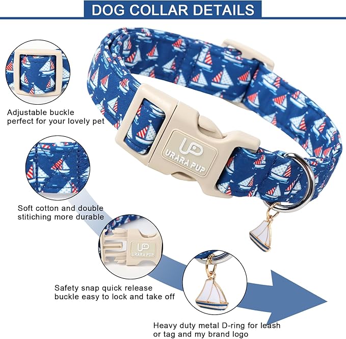 USA Flag Dog Collar, 4th of July Comfortable Cotton Dog Collars, American Flag Collar for Medium Girl Boy Dogs, Patriotic Collars with Sailboats Pattern