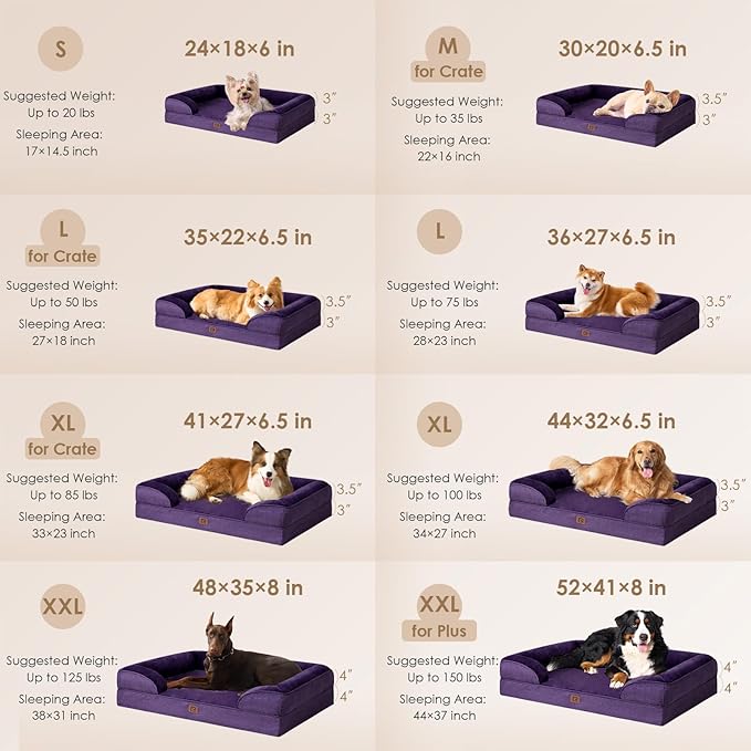 EHEYCIGA Orthopedic Dog Bed for Medium Dogs, Waterproof Memory Foam Medium Dog Beds with Sides, Non-Slip Bottom and Egg-Crate Foam Pet Couch Bed with Washable Removable Cover, Purple