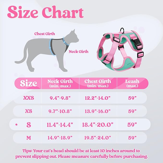 rabbitgoo Cat Harness and Leash Set, Escape Proof Soft Adjustable Vest Harnesses for Outdoor Walking, Easy Control Breathable Kitten Jacket with Reflective Strips, Green & Pink, S