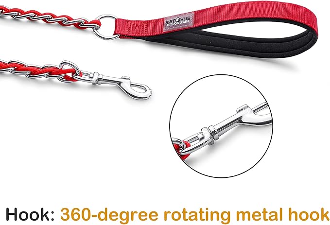 Chew Proof Metal Leash Chain for Medium Large Dogs, 5.2FT Strong Anti Chew, Comfortable Soft Padded Handle - Red