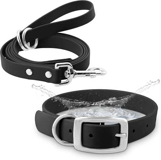 Regal Dog Products Small Black Waterproof Dog Collar and Leash Set | Heavy Duty Double Buckle & D Ring - 5'ft Leash | Adjustable Biothane Dog Collar | Chew Resistant Waterproof Collar for Dogs