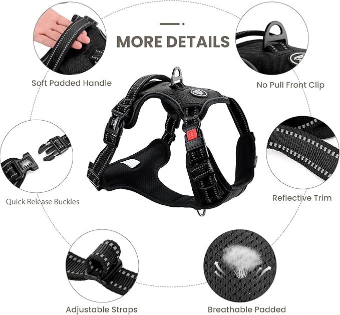 FURRYFECTION Dog Harness | No Pull Dog Harness | Reflective Oxford | Padded Handle | 4 Adjustable Straps | 2 Leash Clips | No Choke Pet Vest Harness for Small Medium Large Dogs | Black | L