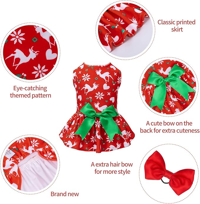 CuteBone Dog Christmas Dresses Outfit Velvet Holiday Small Dogs Clothes Onesie Pet Apparel Girl Puppy Skirt with Bow Hair Rope CVA31XS
