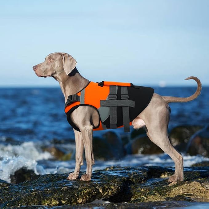 Kuoser Dog Life Jacket, Large High Flotation 2XL Dog Life Vest for Swimming Boating, Reflective Dogs Swimsuit Lifejacket, Pet Life Preserver with Double Rescue Handle, Yellow, XXL