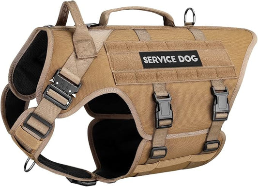 Tactical Dog Harness - PETNANNY Service Dog Vest for Large Dogs Fully Body Coverage in Training Dog Harness with 2 Reflective Dog Patches, Handle, Hook and Loop Panels, Dog MOLLE Vest (Khaki, L)