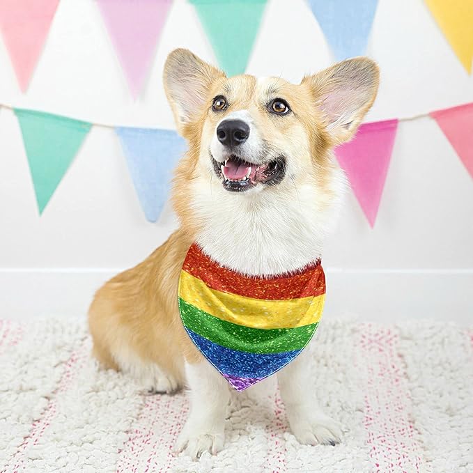 2 Pack Dog Bandanas LGBT Glitter Rainbow Pride Flag Milk Silk Pet Bandana Scarf Snap Button Triangle Bibs Kerchief Set Pet Holiday Accessories Decor for Small to Large Puppy Dogs Cats Large