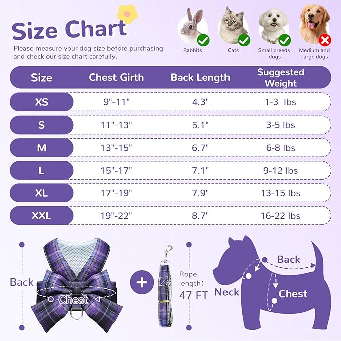 Cute Dog Harness and Leash Set with Bow Tie Soft Mesh Plaid Girl Puppy Harness No Pull Pet Cat Dog Vest Harness for Small Dogs Chihuahua Rabbit Outfit (Purple,L)