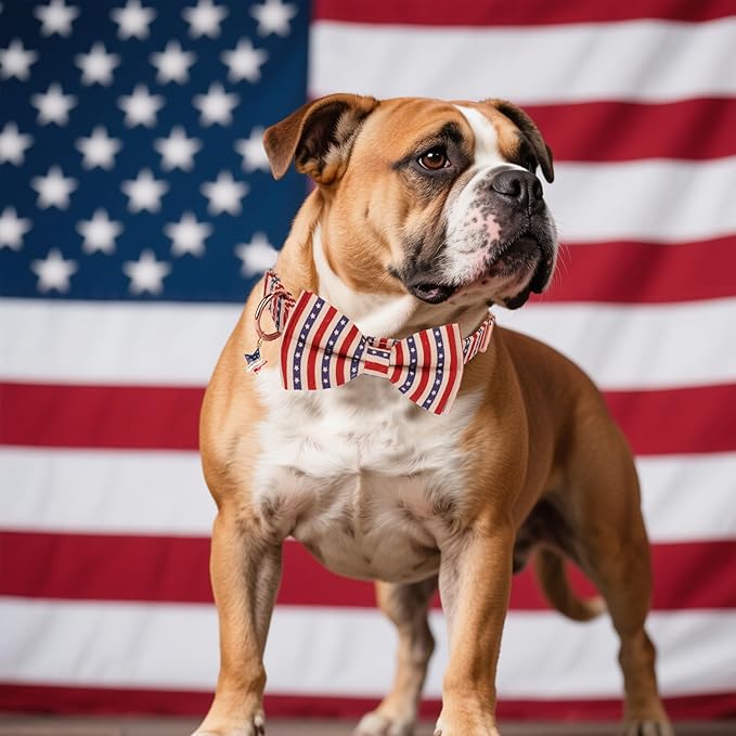 ADOGGYGO American Flag Dog Collar with Bow, Detachable Striped Star Bow, Metal Buckle, Adjustable Patriotic 4th of July Collars for Large Dogs Boy Girl Male Female (Large)