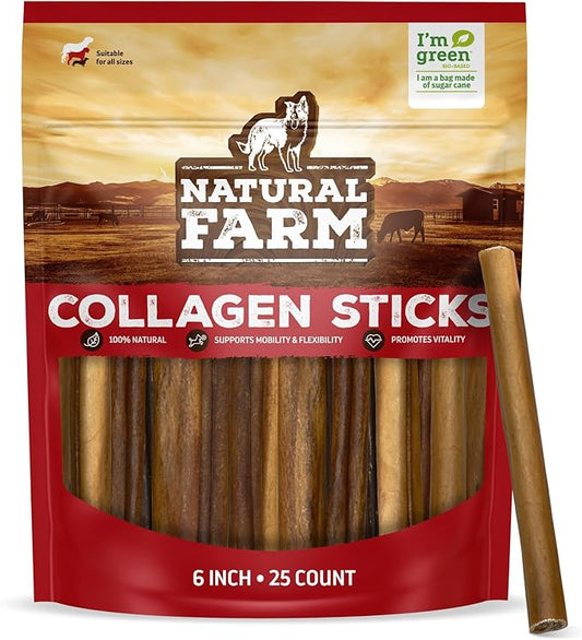 Natural Farm Collagen Sticks for Dogs (6 Inch, 25 Pack), Odor-Free Long Lasting Chews & Rawhide Alternative - 95% Collagen, Low Fat, High Protein - Best Dental Dog Treats - Medium & Large Dogs
