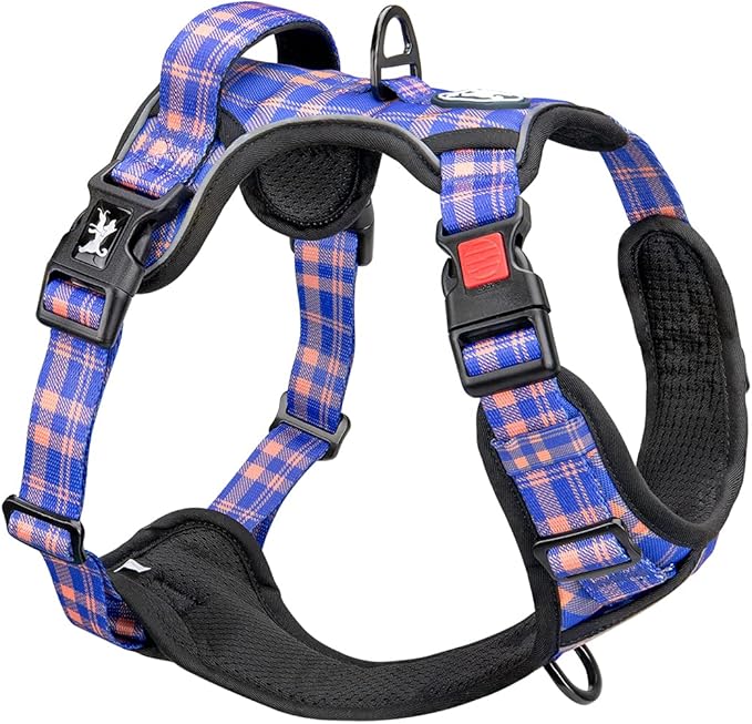 PoyPet No Pull Dog Harness, Reflective Adjustable No Choke Pet Vest with Front & Back 2 Leash Attachments, Soft Control Training Handle for Small Medium Large Dogs(Checkered Blue & Orange,S)