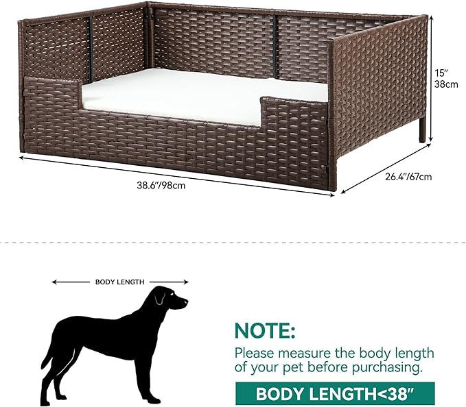 YITAHOME Rattan Dog Sofa Bed with Cushion,Wicker Pet Bed Sofa Couch Indoor Outdoor Water Resistant for Large Medium Small Dogs Cats (38.6''L*26.4''W*15''H,Beige)