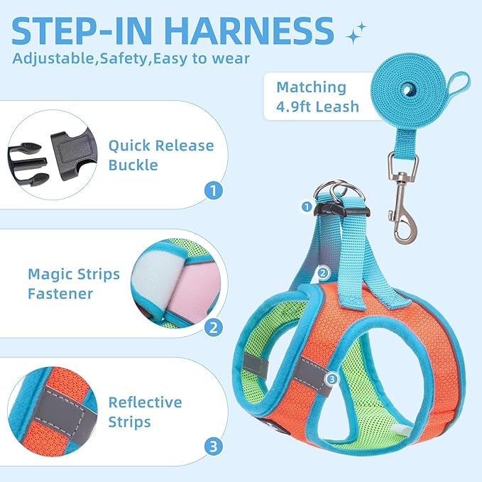 PUPTECK Adjustable Dog Harness Collar and Leash Set Step in No Pull Pet Harness for Small Medium Dogs Puppy and Cats Outdoor Walking Running, Soft Mesh Padded Reflective Vest Harnesses, OrangeRed L